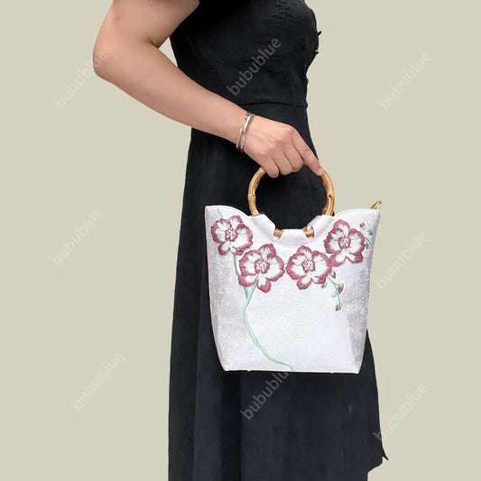 3D Embroidered Flowers & Bamboo Handle White Tote Bag