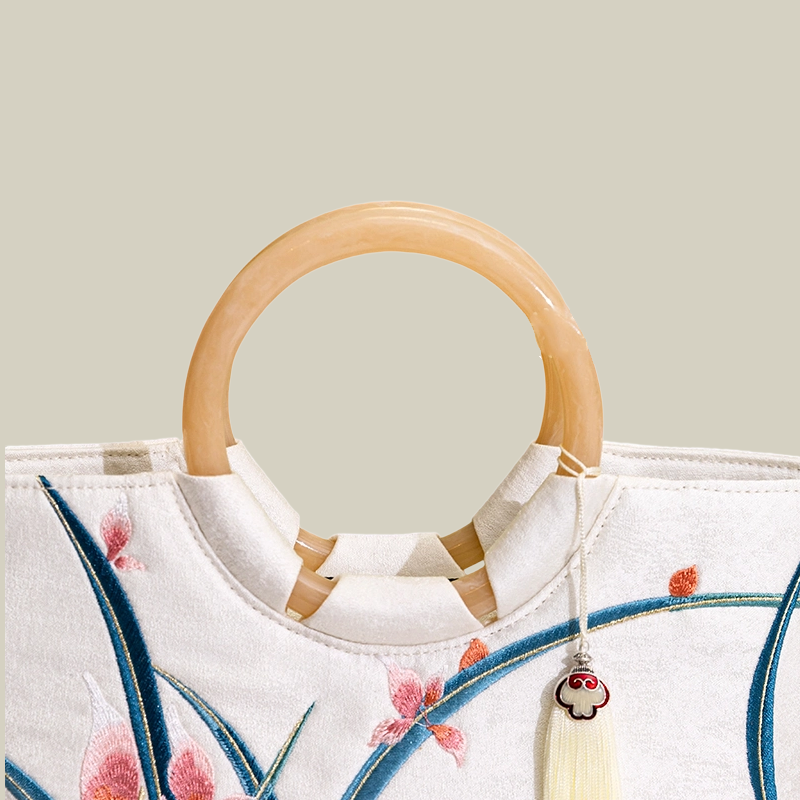 Large Capacity Orchid Bloom Embroidered Tote Bag with Acrylic Handle