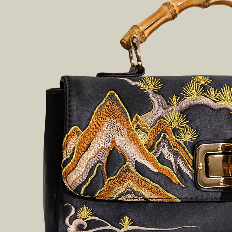 Mountain Pine Embroidered Boston Bag with Bamboo Handle