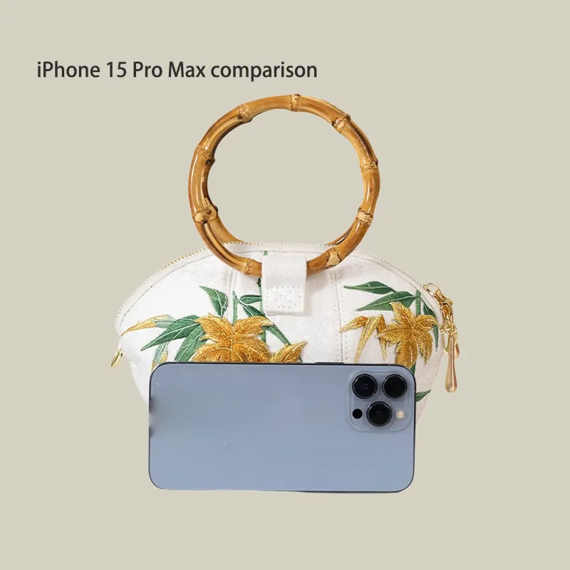 Maple Leaf Embroidered Pumpkin Handbag with Bamboo Handle