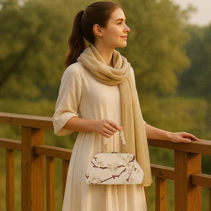 Plum Bossom Embroidered Beige White Vintage Handbag with Pearl Handle