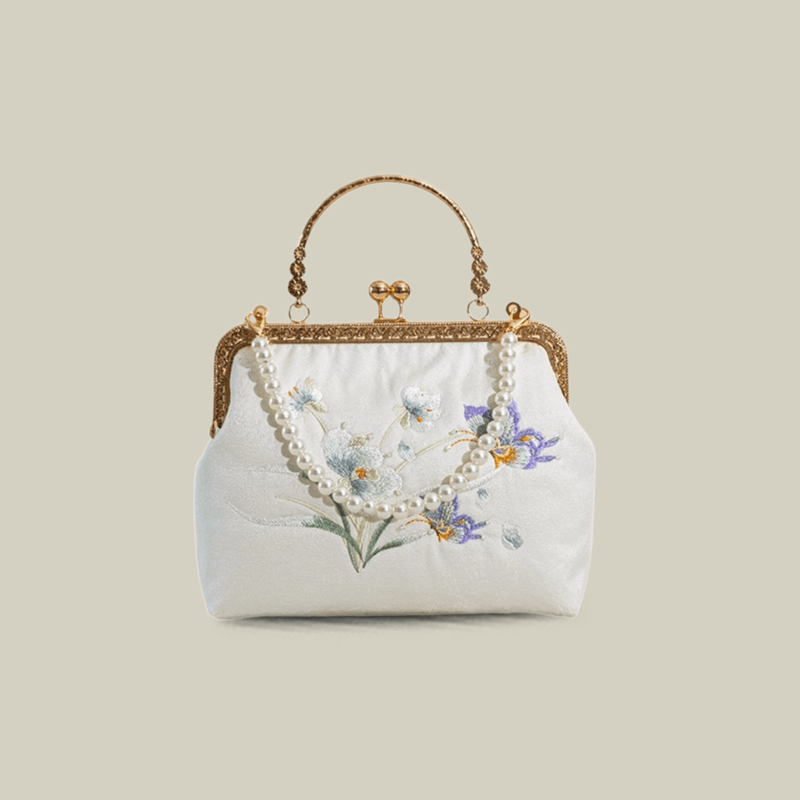 Butterfly Embroidered White Kiss-Lock Handbag
