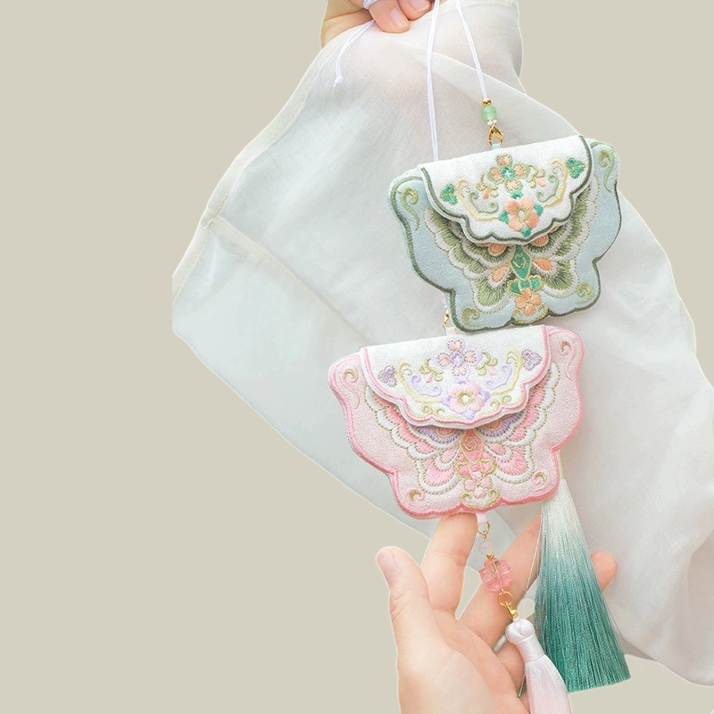 Handmade Butterfly Embroidered Sachet Pendant with Floral Tassel
