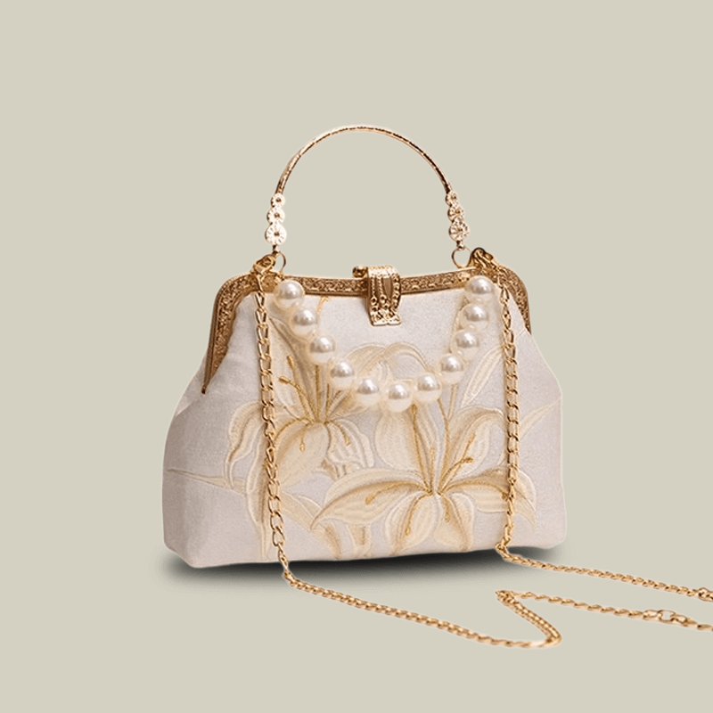 Lily Embroidered Pearl Handle Handbag with Metal Lock