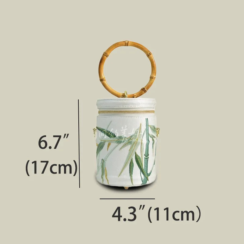 Vintage Bamboo Embroidered Bucket Bag with Bamboo Handle