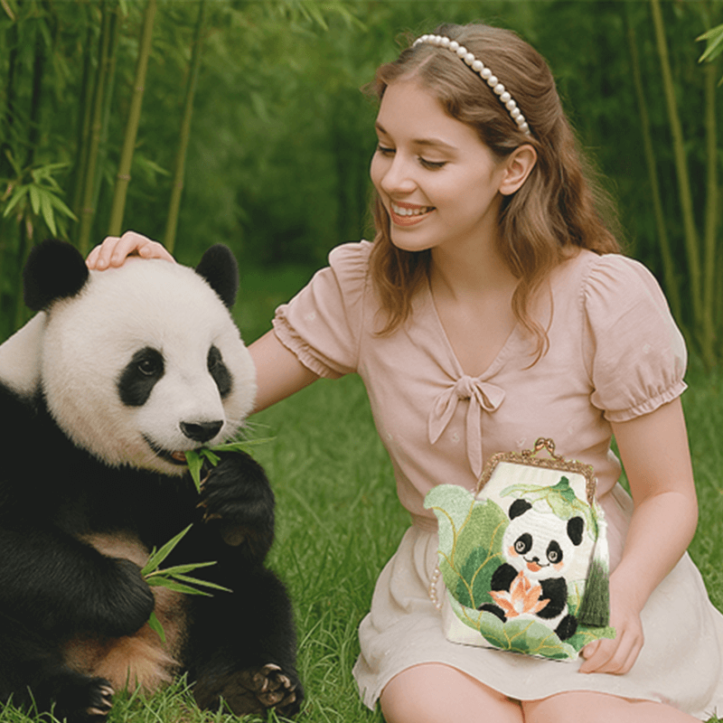 Cute Panda Embroidered Crossbody Bag with Pearl Strap