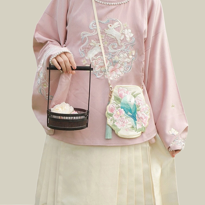 Cute Crossbody Mobile Phone Bag With Flower And Bird Embroidery