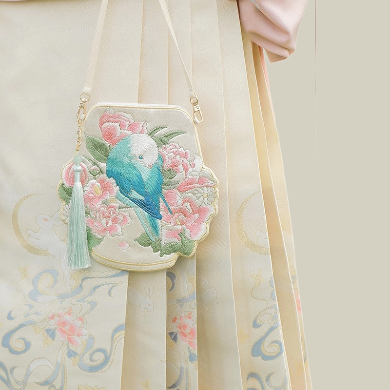 Cute Crossbody Mobile Phone Bag With Flower And Bird Embroidery