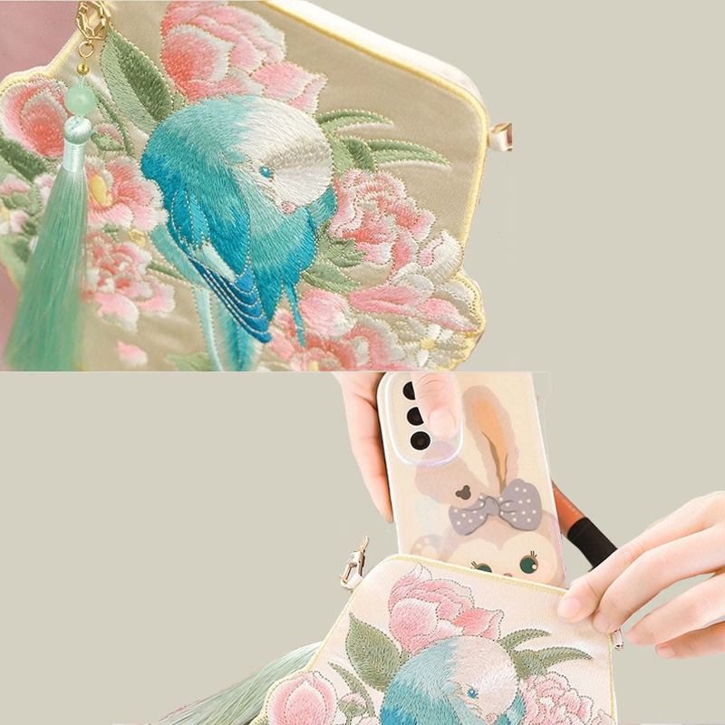 Cute Crossbody Mobile Phone Bag With Flower And Bird Embroidery