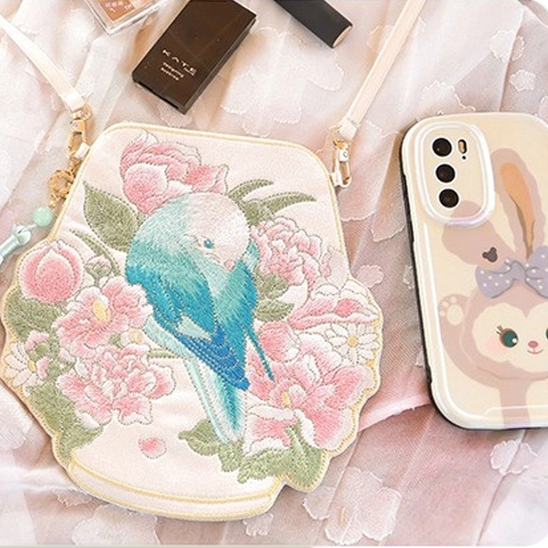 Cute Crossbody Mobile Phone Bag With Flower And Bird Embroidery