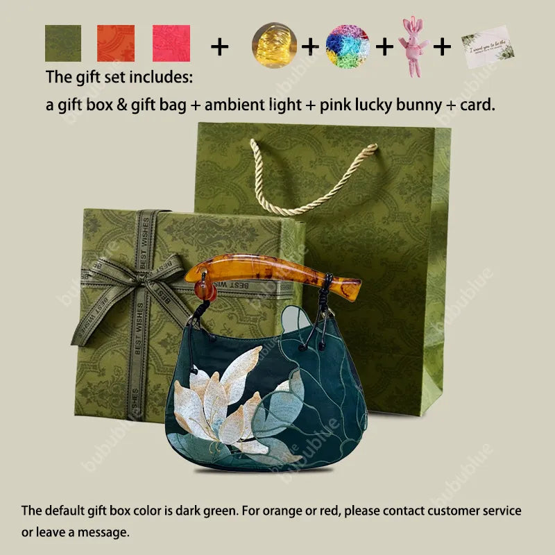 Lotus Embroidered Handbag with Fish Shape Handle