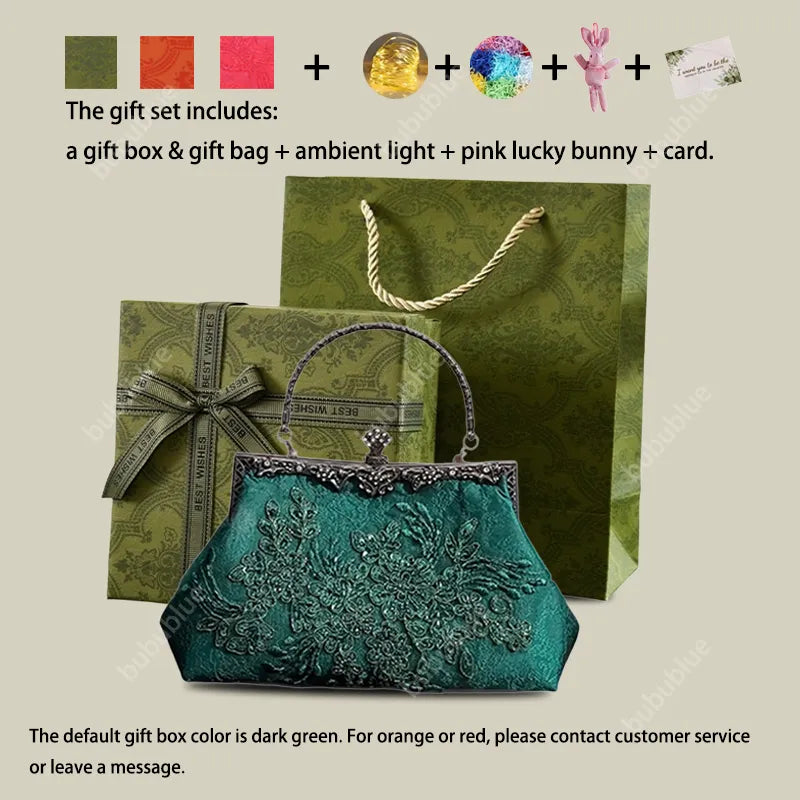 Emerald Embroidery Luxury Elengant Handbags With Vintage Metal Handle