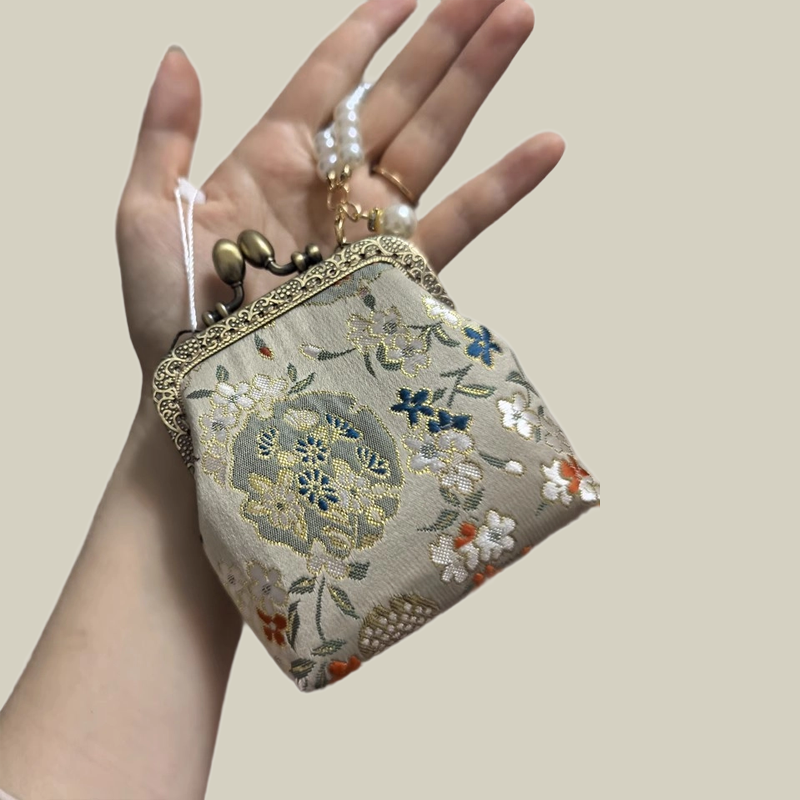 Bamboo Print Mini Coin Purse with Pearl Handle