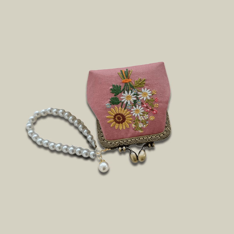 Hand-Embroidered Cotton Kiss Lock Coin Purse For Bank Cards