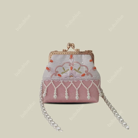 Pearl Tassel Embroidered Lace Vintage Mini Kiss Lock Coin Purse