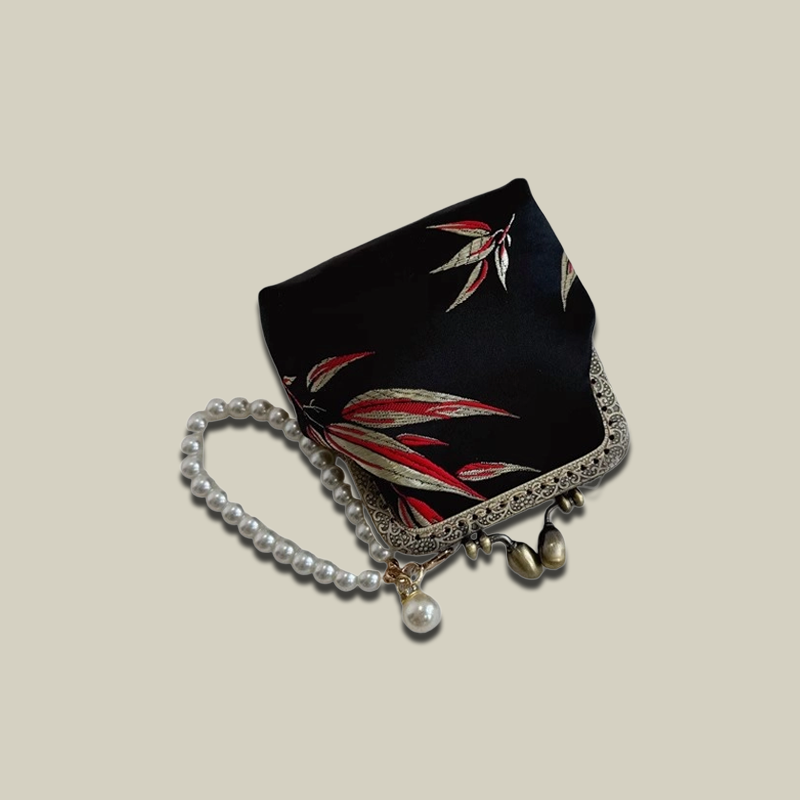 Bamboo Print Mini Coin Purse with Pearl Handle
