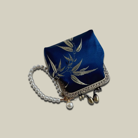 Bamboo Leaf Print Mini Coin Purse with Pearl Handle