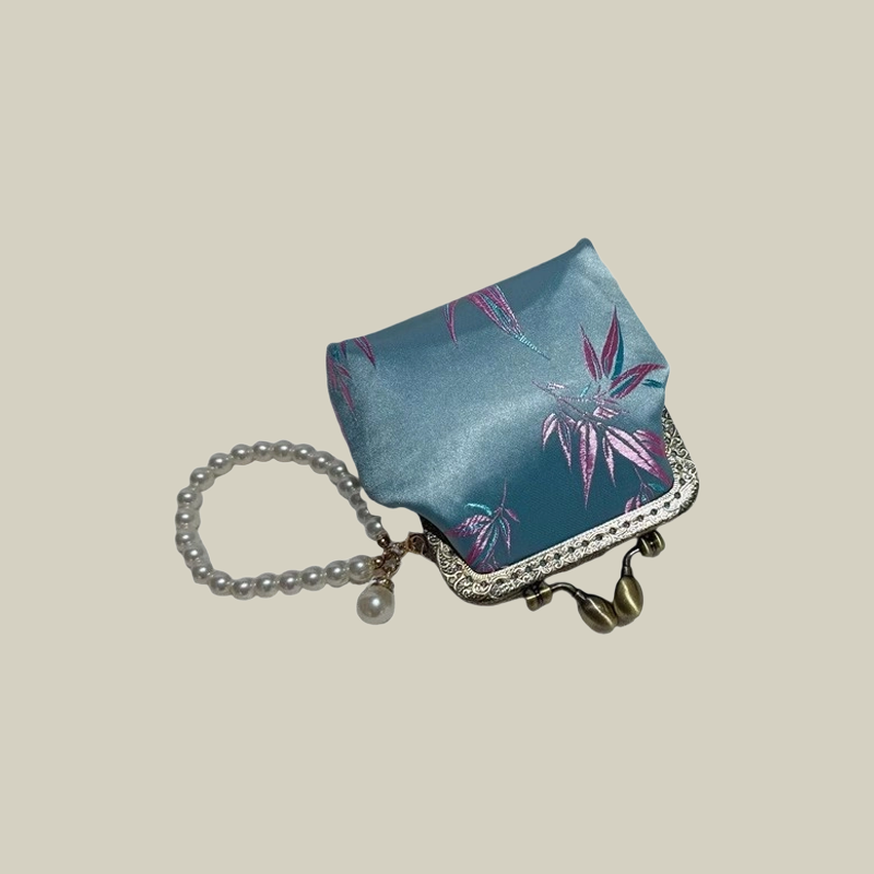 Bamboo Print Mini Coin Purse with Pearl Handle