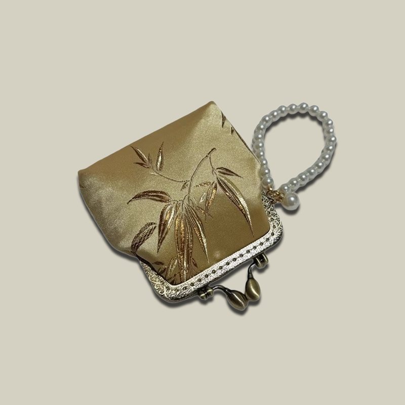 Bamboo Print Mini Coin Purse with Pearl Handle