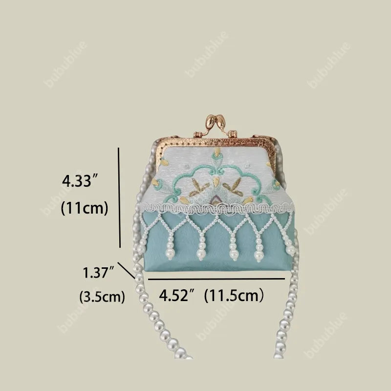 Pearl Tassel Embroidered Lace Vintage Mini Kiss Lock Coin Purse