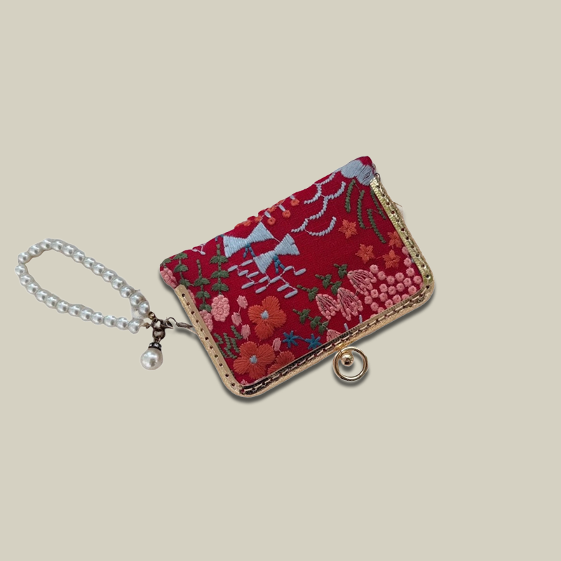 Blossom Stitch Card Wallet with Pearl Wristle With Compartments