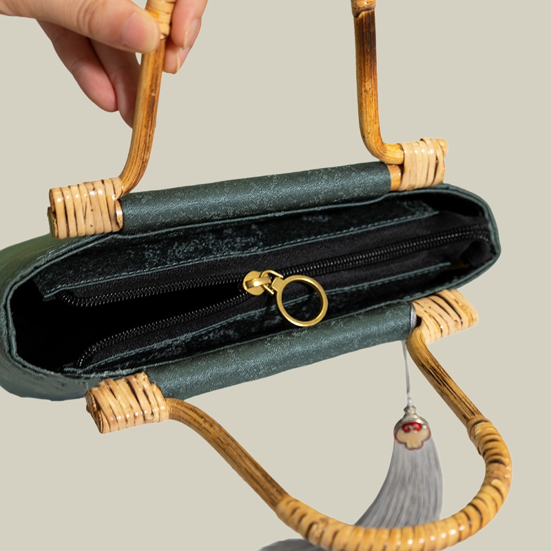 Lotus Embroidered Tote Bag with Bamboo Handle