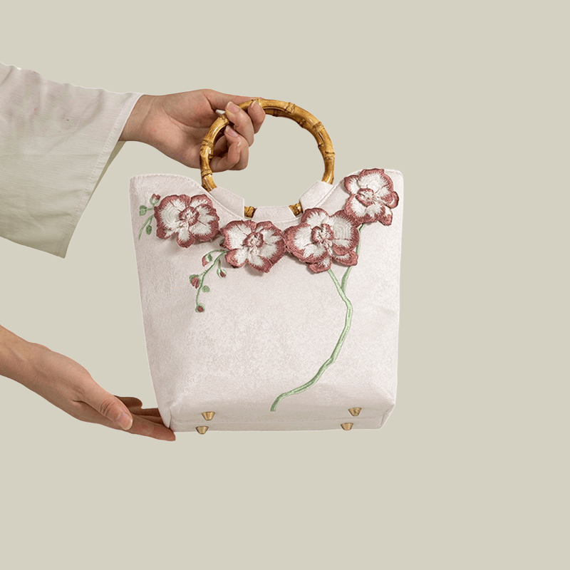 3D Embroidered Flowers & Bamboo Handle White Tote Bag