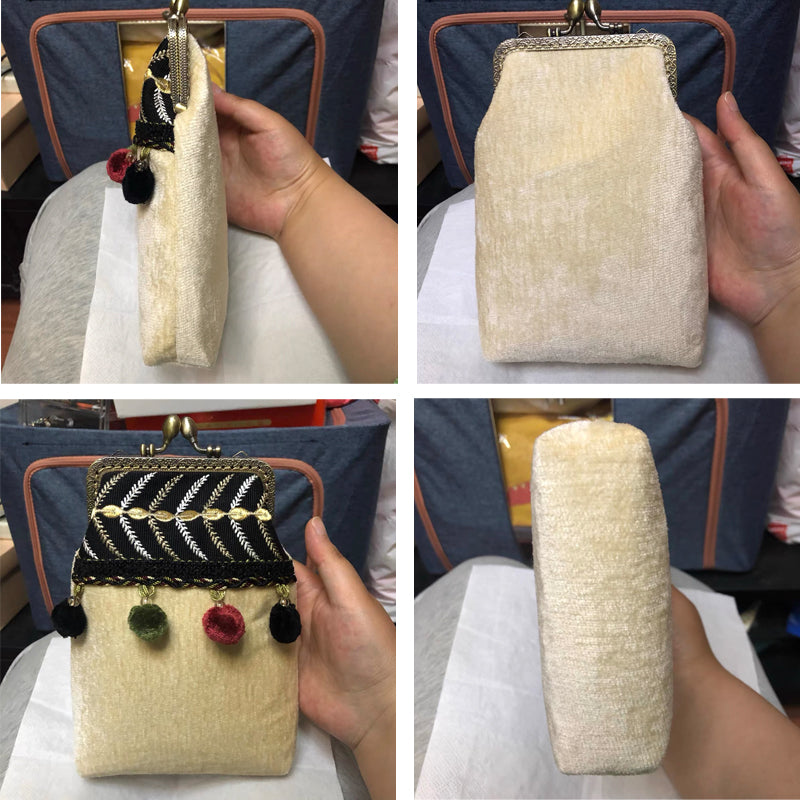Boho Patchwork Embroidered Crossbody Phone Bag with Kiss Lock