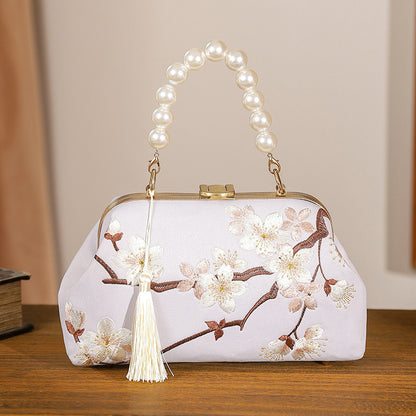 BUBUBLUE Chinese Style Embroidered Beige Cheongsam Handbag Pearl Chain