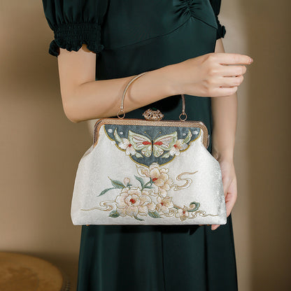 BUBUBLUE Chinese Style Embroidered White Vintage Square Cheongsam Handbag With Long Chain