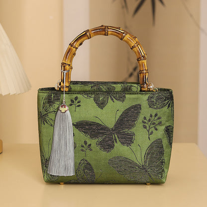 BUBUBLUE Chinese Style Handmade Brocade Handbag Women Aesthetic Simple Classic Wooden Handle Vintage Cheongsam Tote Bag(Green/Black/Brown)