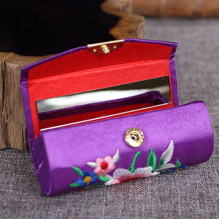 BUBUBLUE Chinese Style Embroidered Satin Lipstick Lipgloss Storage Box Creative Makeup Box Touch-Up Box With Mirror