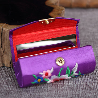 BUBUBLUE Chinese Style Embroidered Satin Lipstick Lipgloss Storage Box Creative Makeup Box Touch-Up Box With Mirror