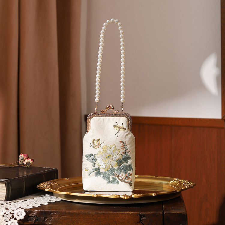 BUBUBLUE Chinese Style Embroidered Cheongsam Handbag Pearls Chain Crossbody Phone Bag