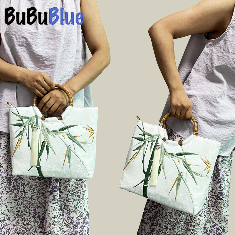 Bamboo Embroidered White Tote Bag with Bamboo Handle