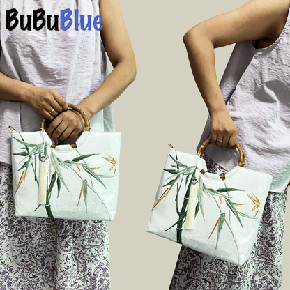 Bamboo Embroidered White Tote Bag with Bamboo Handle