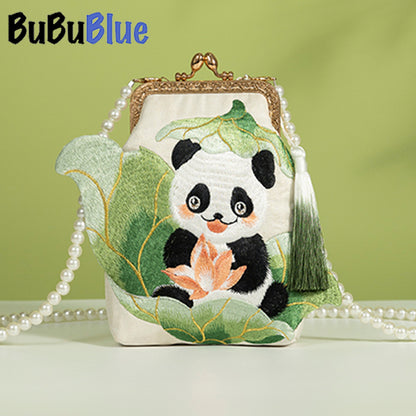 BUBUBLUE Chinese Style Original Handmade Cute Panda Embroidered  White Handbag Women Pearl Chain Mobile Phone Sling Bag Women