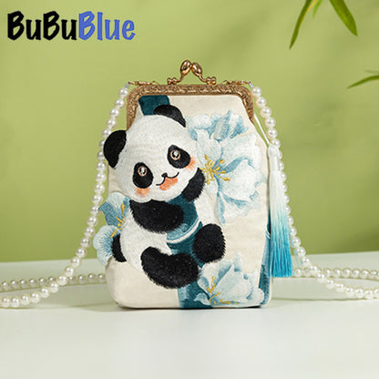 BUBUBLUE Chinese Style Original Handmade Cute Panda Embroidered  White Handbag Women Pearl Chain Mobile Phone Sling Bag Women