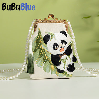 BUBUBLUE Chinese Style Original Handmade Cute Panda Embroidered  White Handbag Women Pearl Chain Mobile Phone Sling Bag Women