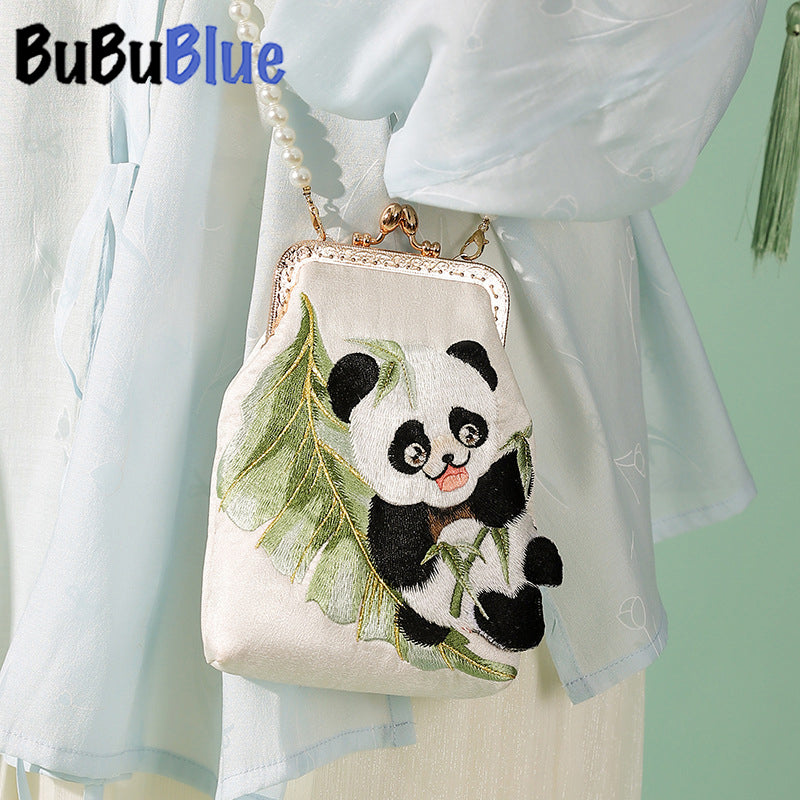 BUBUBLUE Chinese Style Original Handmade Cute Panda Embroidered  White Handbag Women Pearl Chain Mobile Phone Sling Bag Women