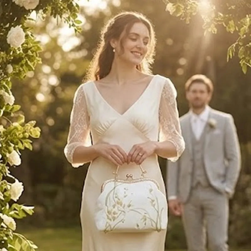 Calla Lily Embroidered Vintage Bride Clutch with Kiss Lock
