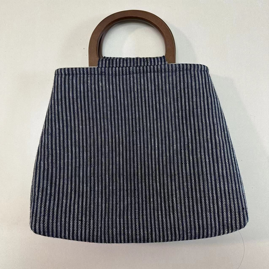 Blue White Striped Hand-loom Bamboo Handle Handbag