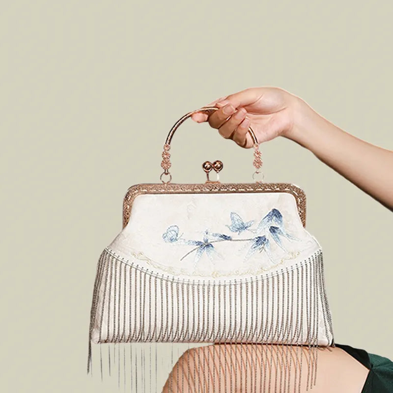 Butterfly Embroidered Tassel White Evening Bag