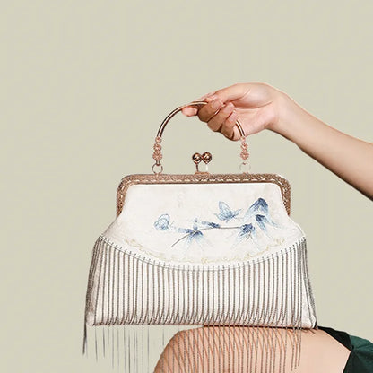 Butterfly Embroidered Tassel White Evening Bag