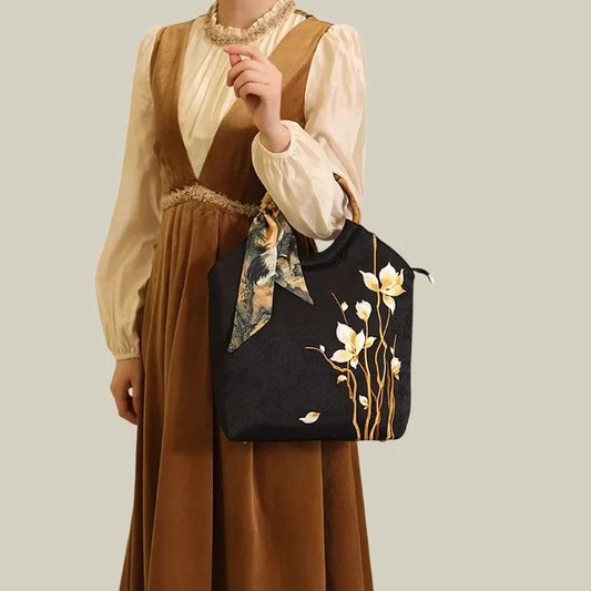 Floral Embroidered Tote Bag with Bamboo Handle & Silk Scarf