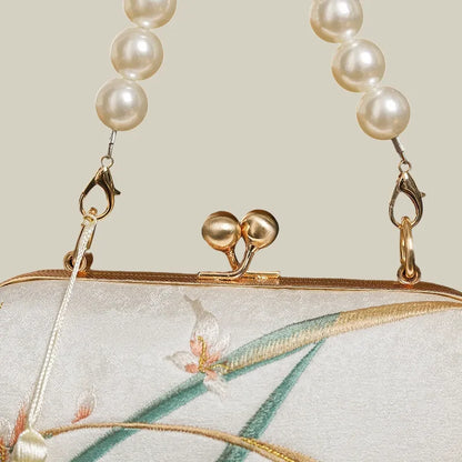 Orchid Bloom Embroidered Kiss-Lock Handbag with Pearl Handle