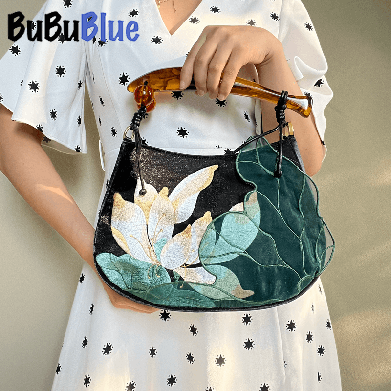 Lotus Embroidered Handbag with Fish Shape Handle