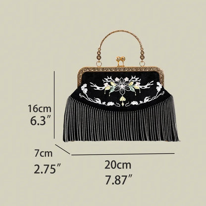 Floral Embroidered Vintage Black Evening Bag with Tassel