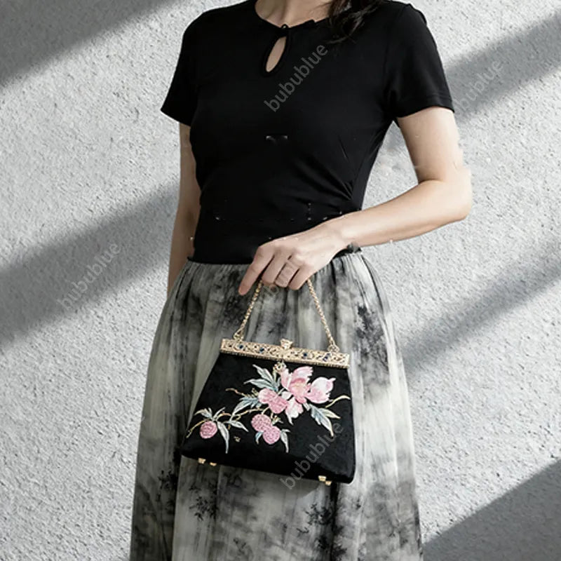Vintage Lychee Embroidered Satin Handbag with Metal Beads