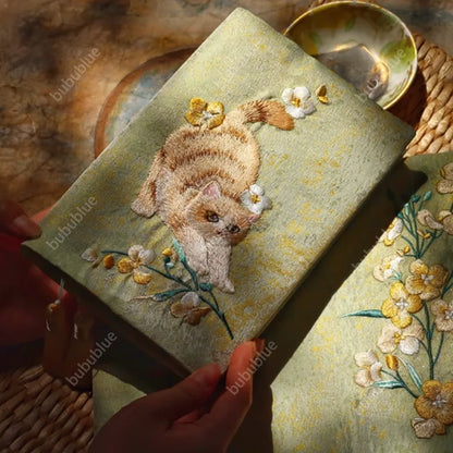 Embroidered Cute Cat Vintage Embroidered Original Handmade Book Sleeve Notebook/Journal (A5)